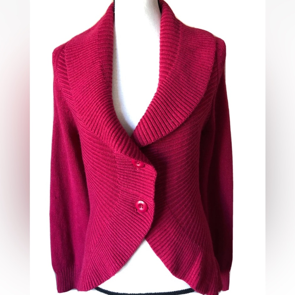 MOTTO Wool Blend RUFFLE V Neck High Low Cardigan Raspberry Red M